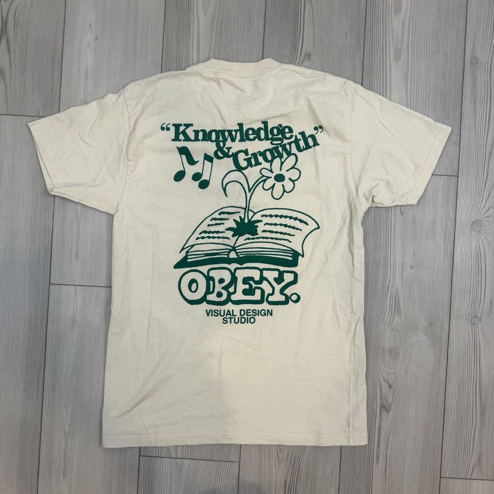 OBEY Men's Medium Knowledge & Growth Classic T-shirt Ivory Short Sleeve